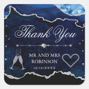 Blaue und silberne Glitter-Marmor-Achat-Hochzeit Quadratischer Aufkleber