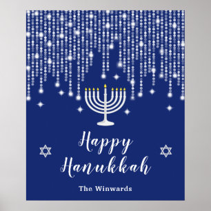 Blaue und silberne Lichterkette Frohes Chanukka Poster