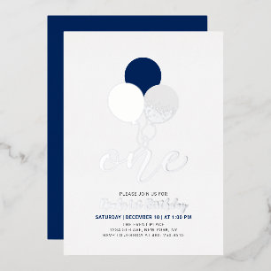 Blaue und silberne Luftballons Eins 1. Jungen-Gebu Folieneinladung