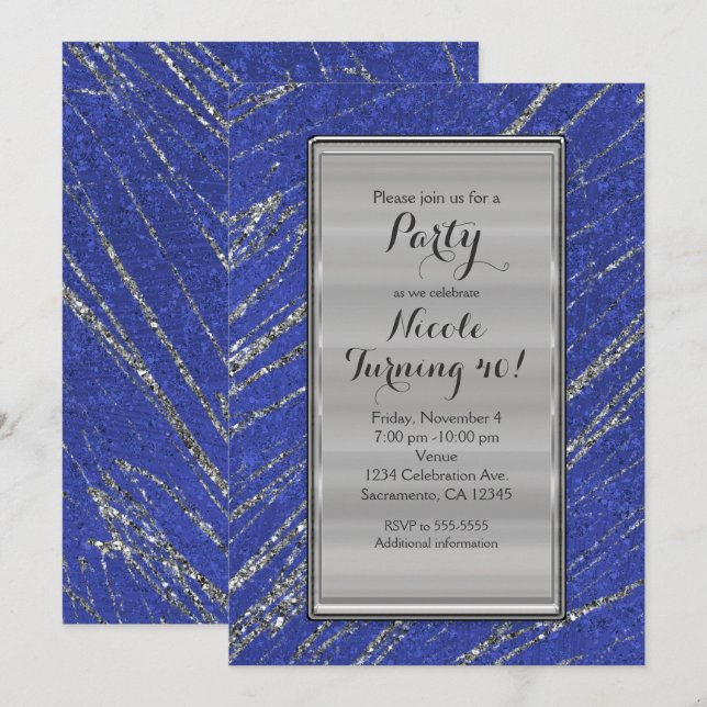 Blaue und silberne moderne Glam Marmorstreifen Ein Einladung (Vorne/Hinten)