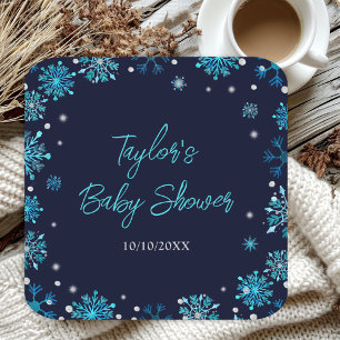 Blaue und silberne Schneeflocken-Baby-Party Rechteckiger Pappuntersetzer