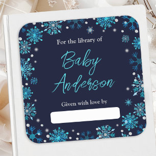 Blaue und silberne Schneeflocken-Baby-Shower-Exlib Quadratischer Aufkleber