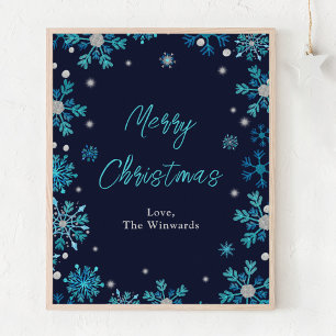 Blaue und silberne Schneeflocken Frohe Weihnachten Poster