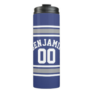 Blaue und silberne Sport-Jersey-Name-Zahl Thermosbecher