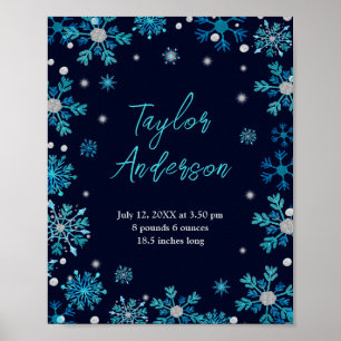 Blaue und Silberschneeflocken Geburtsstunde Poster