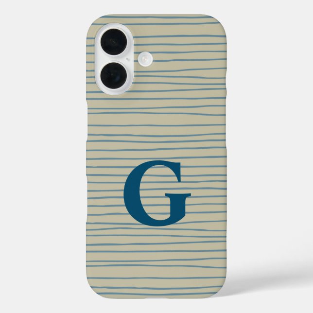 Blaue und Taupe Abstrakte Linien Muster Monogramm iPhone 16 Hülle (Rückseite)