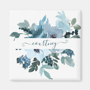 Blaue und Türkis Wasserfarbe Blumen personalisiert Magnet
