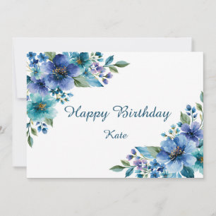 Blaue und Türkisblaue Wasserfarben-Blumen-Personal Karte