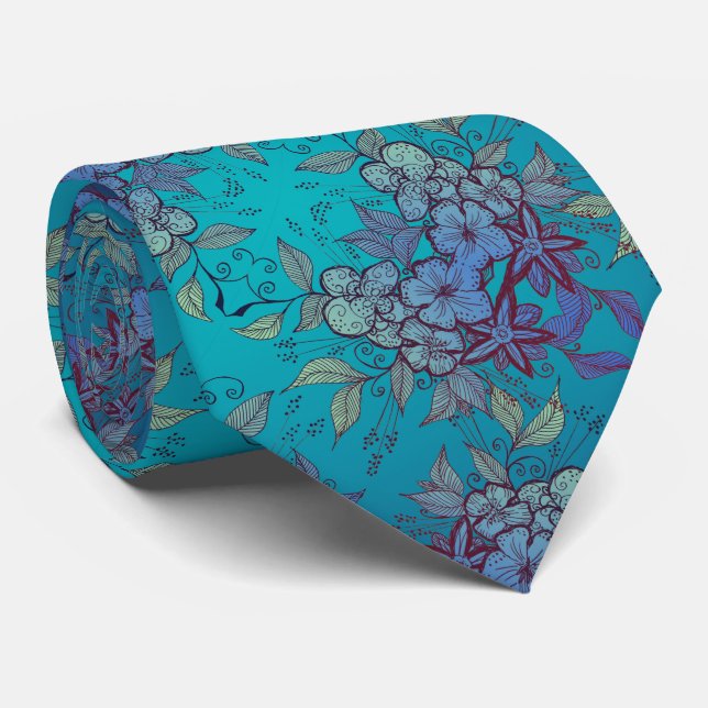 Blaue und türkisfarbene Blume Krawatte (Gerollt)