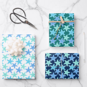 Blaue und türkisfarbene Starfish Geschenkpapier Set
