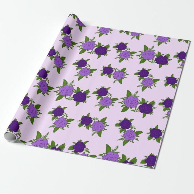 Blaue und violette Blumen mit violettem Muster Geschenkpapier (Ungerollt)