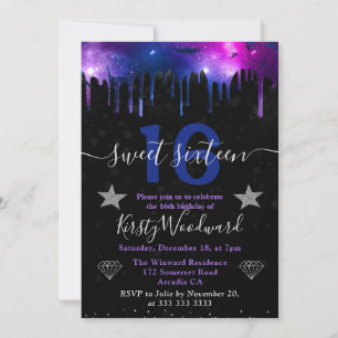 Blaue und violette Galaxie-Marmor-Sweet-Sixteen Einladung