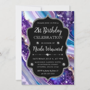 Blaue und violette Glitter-Marmor-Achat 21. Geburt Einladung