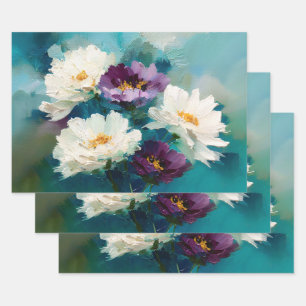 Blaue und violette malerische Blumen Geschenkpapier Set