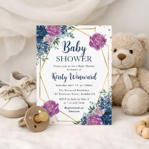 Blaue und violette Sommerblumen rahmen Baby Shower Einladung