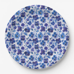 Blaue und violette Stiefmütterchen-Blumenmuster Pappteller