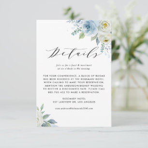 Blaue und weiße Aquarell-Blumen Hochzeitsdetails Begleitkarte