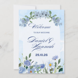 blaue und weiße Aquarell-Blumenhochzeit Einladung