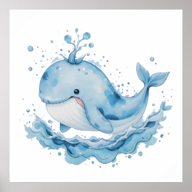 Blaue und weiße Aquarellwale - Kinderzimmer Mauer Poster (Vorne)