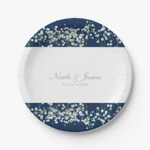 Blaue und weiße Babys-Breath-Blumen-Hochzeitstelle Pappteller