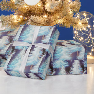 Blaue und weiße Bäume Moderne Weihnachten Geschenkpapier