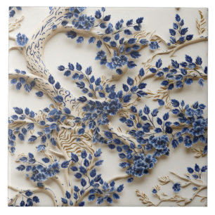 Blaue und weiße Baumskulptur, Blaue Blumen Fliese
