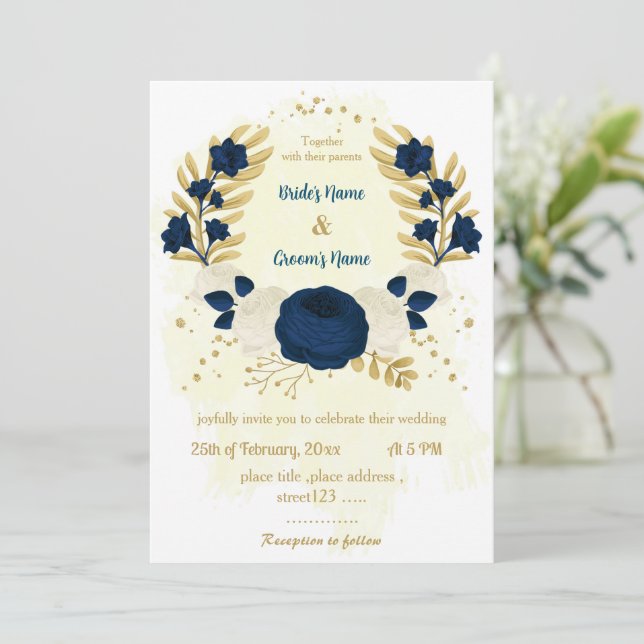 Blaue und weiße Blume Goldhochzeit Einladung (Stehend Vorderseite)