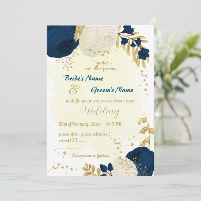 Blaue und weiße Blume Goldhochzeit Einladung (Stehend Vorderseite)