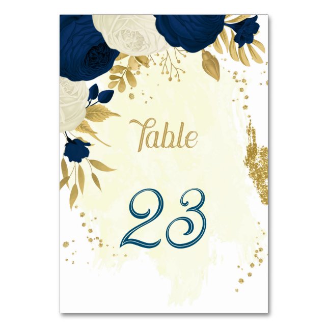 Blaue und weiße Blume Goldhochzeit Tischnummer (Vorderseite)