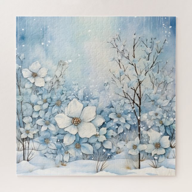 Blaue und weiße Blume im Winterschnee (Horizontal)