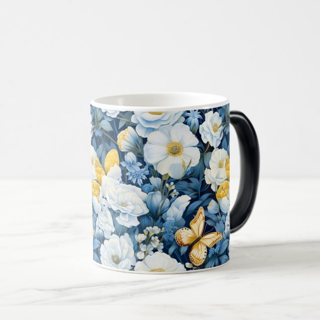 Blaue und weiße Blume Schmetterlingsmuster Verwandlungstasse (VorderseiteRechts)