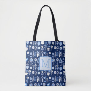 Blaue und weiße Blumen Farbblock-Monogramm Tasche