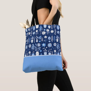 Blaue und weiße Blumen in Vasen, Farbblock Tasche
