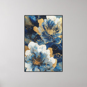Blaue und weiße Blumen mit goldenen Highlights   Leinwanddruck