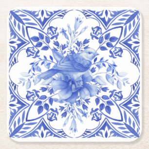 Blaue und weiße Blumenfliese mit Vogel Rechteckiger Pappuntersetzer