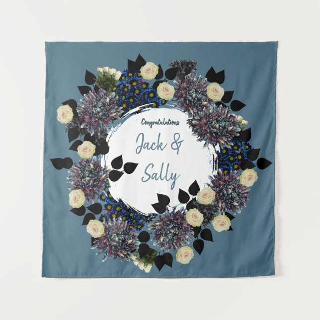 Blaue und weiße blumengeschmückte Hochzeit Wandteppich (Vorderseite)