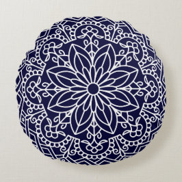 Blaue und weiße BlumenMitternachtsMandala Rundes Kissen