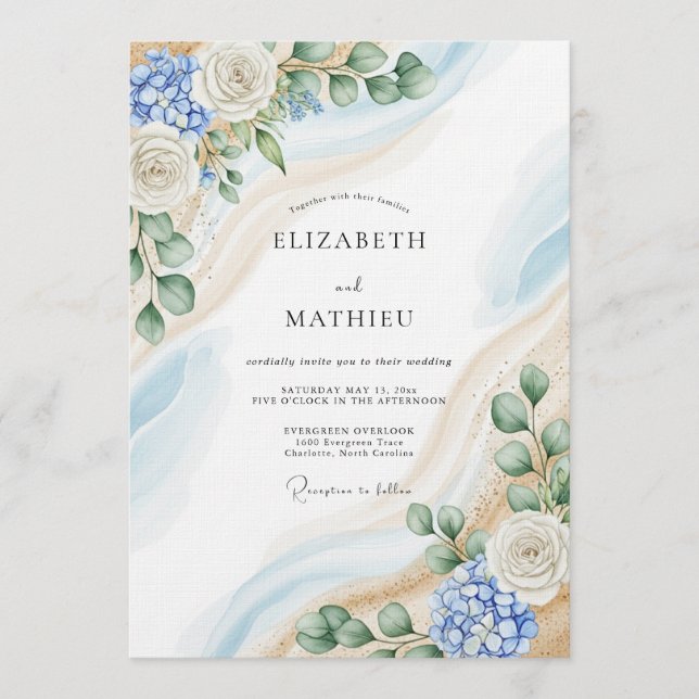 Blaue und weiße botanische abstrakte Hochzeit Einladung (Vorderseite)