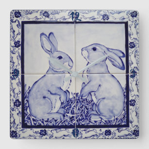 Blaue und weiße Bunny Rabbit Tile Clock Dedham Na Quadratische Wanduhr