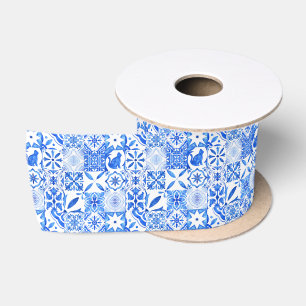blaue und weiße Chinoiserie Antik-Katze-Muster Satinband