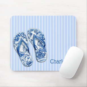 Blaue und weiße Chinoiserie-Flippflops auf Streife Mousepad