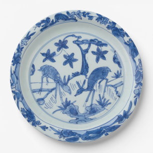 Blaue und weiße Chinoiserie-Hirsch-Faux-China Pappteller