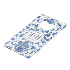 Blaue und weiße Chinoiserie Hochzeitsmonogramm Geldbeutel Flaschenöffner