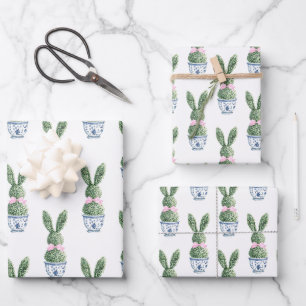 Blaue und weiße Chinoiserie mit Kaninchen-Topiar Geschenkpapier Set