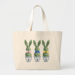 Blaue und weiße Chinoiserie mit Kaninchen-Topiarie Jumbo Stoffbeutel