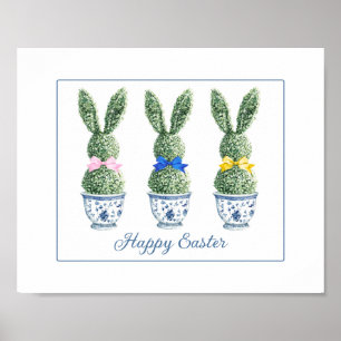Blaue und weiße Chinoiserie mit Kaninchen-Topiarie Poster