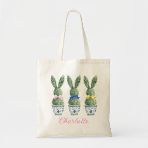 Blaue und weiße Chinoiserie mit Kaninchen-Topiarie Tragetasche