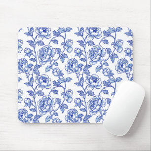 Blaue und weiße Chinoiserie-Rosen-Pfingstrose Mousepad