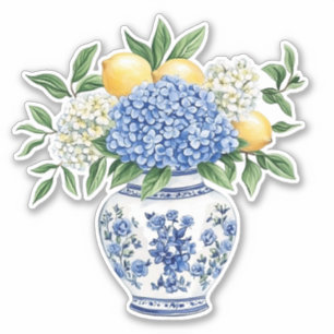 Blaue und weiße Chinoiserie-Vase mit Hortensien Aufkleber