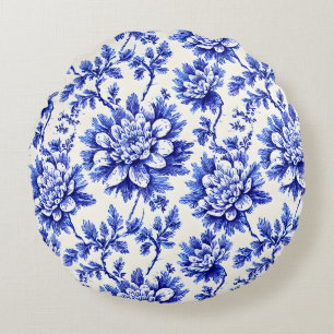 Blaue und weiße Chrysantheme französisches Landhau Rundes Kissen